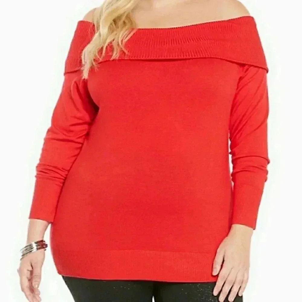 Torrid Red Marilyn Fold Over Sweater Ribbed Long Sleeve Off The Shoulder  NWT
